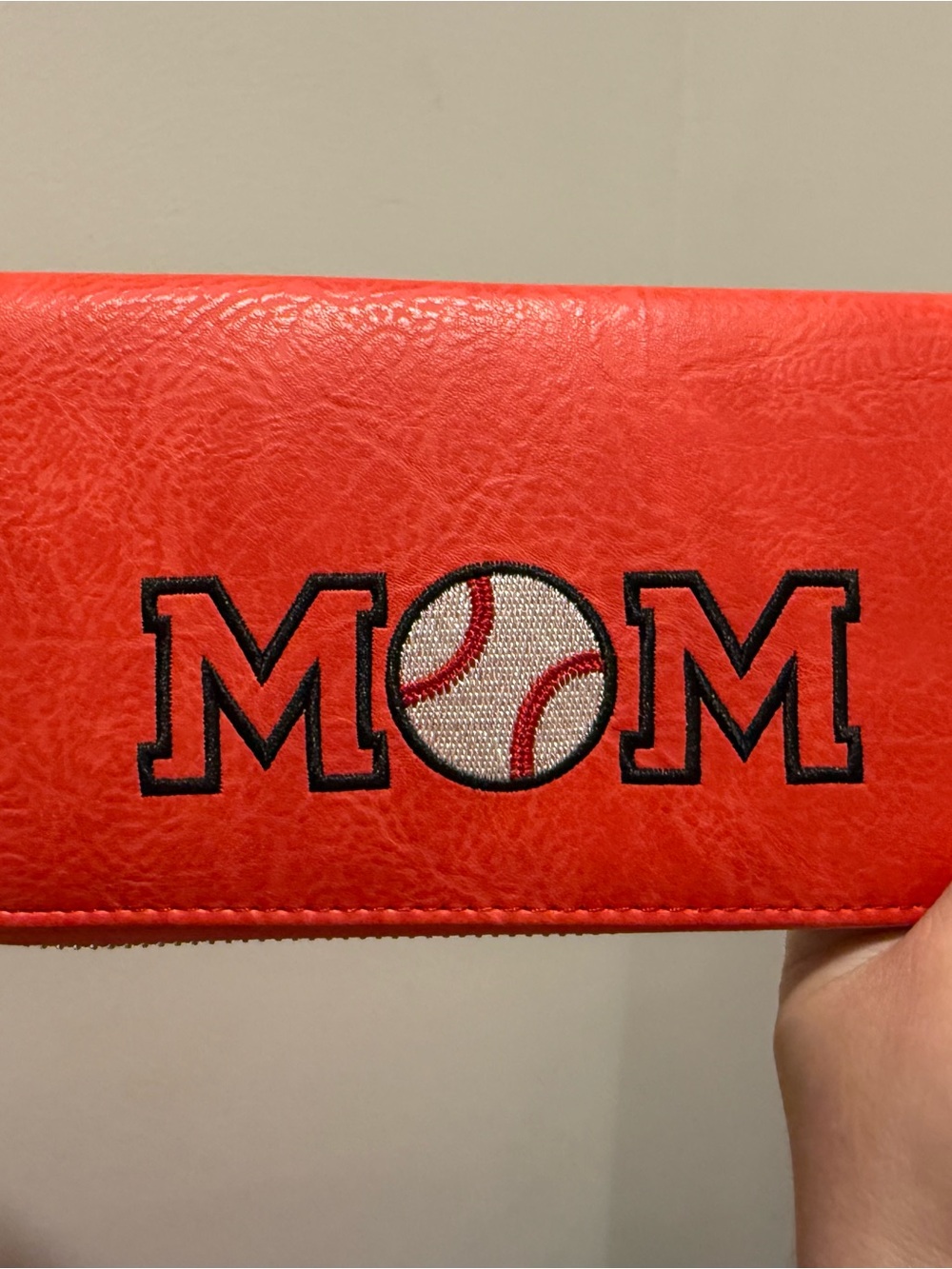 Red MOM Baseball tote, wallet and make up bag